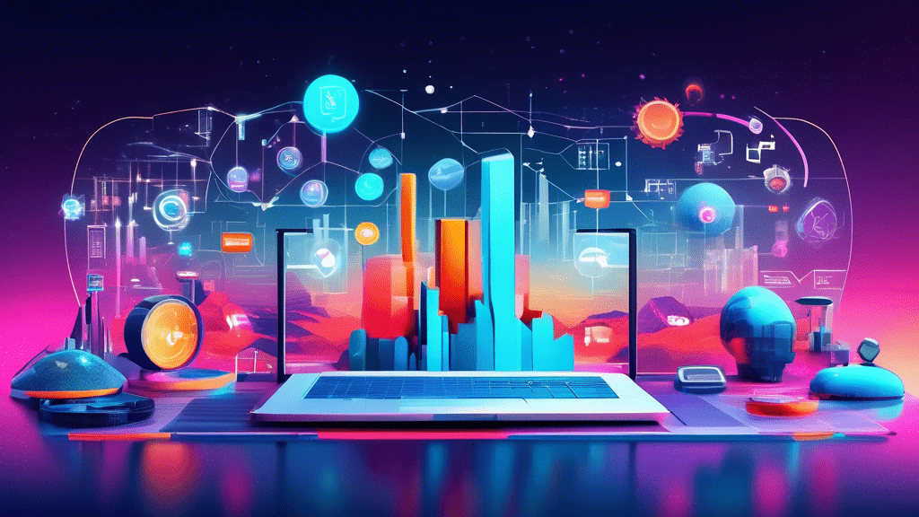 Digital landscape filled with modern tools and technologies, featuring futuristic icons representing the top digital marketing tools for 2023, with a blend of graphs and analytics screens in the background, under a clear, virtual sky.