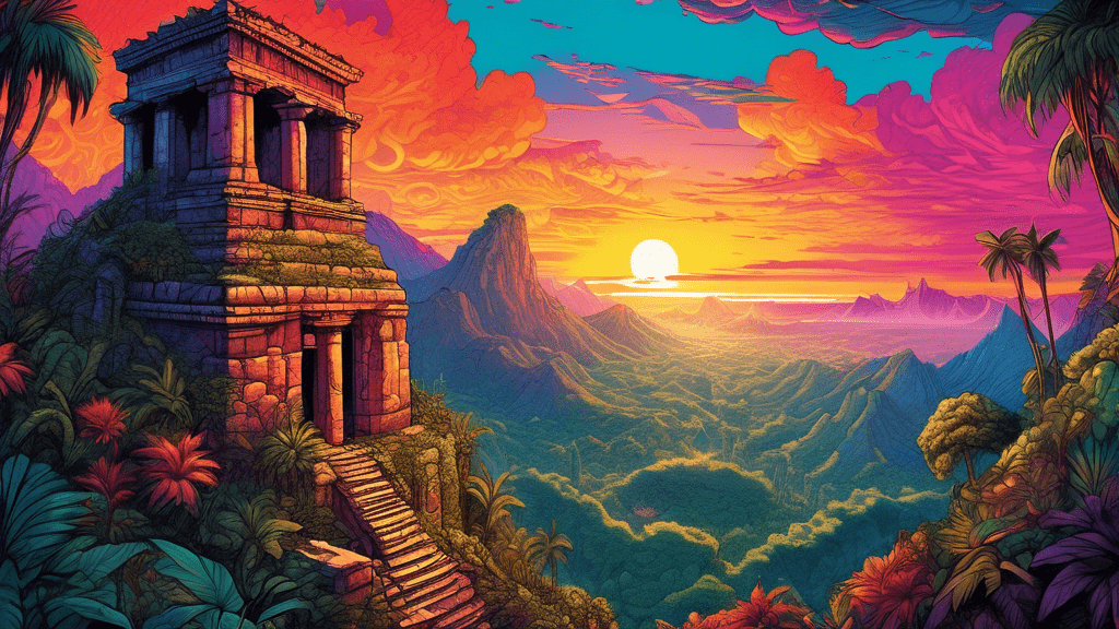 Daring explorer atop a majestic mountain, gazing over a vast, unknown jungle with ancient ruins emerging from beneath the canopy, under a vivid sunset sky, in an intricately detailed, adventurous and mystical style.