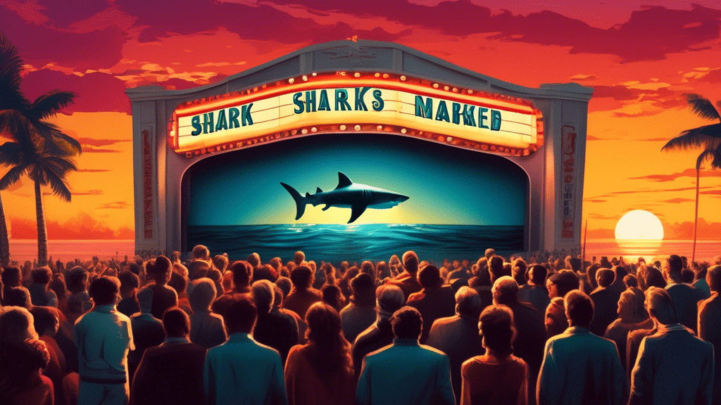 A vintage cinema marquee with a dramatic reveal of the true story behind a famous shark movie, set against a backdrop of an intrigued crowd gathering under the glow of a sunset.