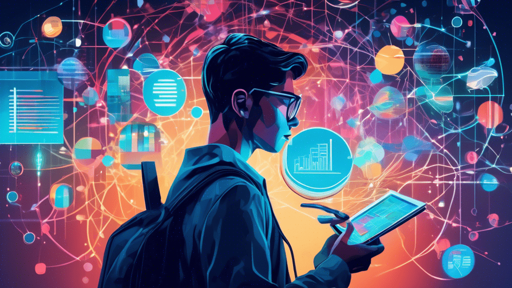 An image of a curious student holding a magnifying glass over a colorful, intricate data network, with digital icons representing charts, graphs, and analytics floating around, against a backdrop of a futuristic library filled with books and digital screens showing business intelligence dashboards.