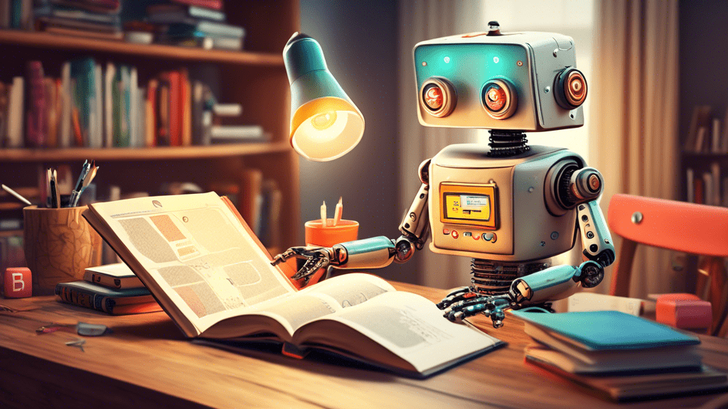 A vintage-inspired robot sitting at a wooden desk, reading a comprehensive guidebook on marketing automation, with digital marketing icons floating around its head, in a cozy, well-lit study room.