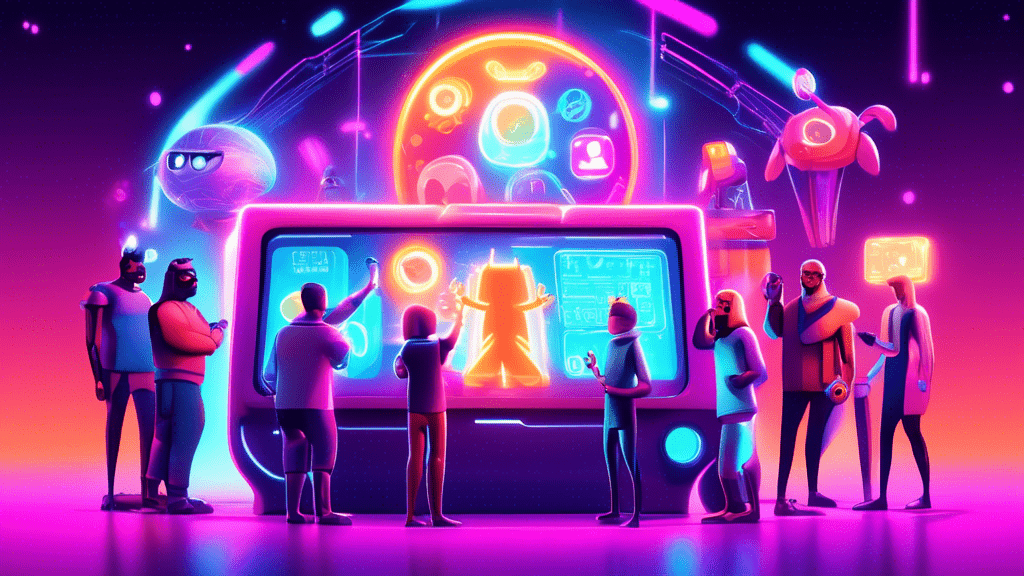 A digital artwork featuring a variety of whimsical, animated characters each holding a unique, glowing digital token, standing in front of a glowing, futuristic computer screen with the title 'Understanding NFTs: A Beginner's Guide' displayed prominently above.