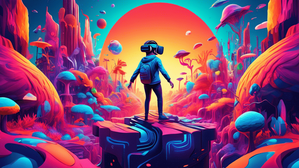 An animated illustration of a person wearing a VR headset stepping into a vibrant, digital landscape filled with imaginative creatures and futuristic technology, symbolizing the entrance into the world of virtual reality for beginners.