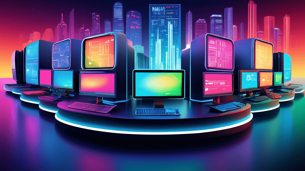 A colorful digital illustration showcasing a variety of computer types aligned in a semi-circle, including a desktop, laptop, tablet, mainframe, and supercomputer, each labeled with its type, against a futuristic cityscape background.