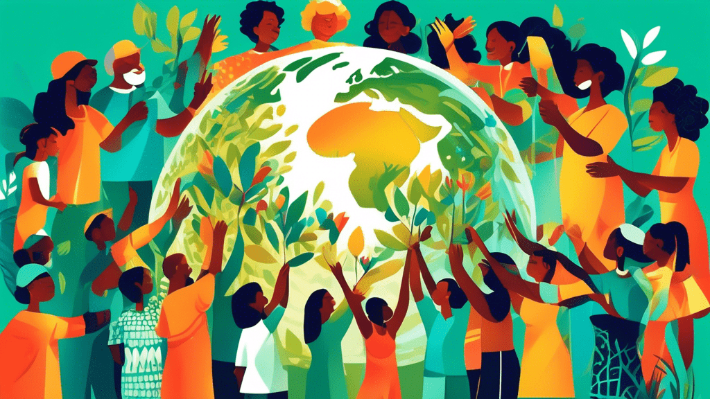 Create a vibrant illustration showing a diverse group of people from around the world planting trees, cleaning oceans, and holding hands around a globe illuminated by a shining sun, symbolizing unity and environmental stewardship on Earth Day.