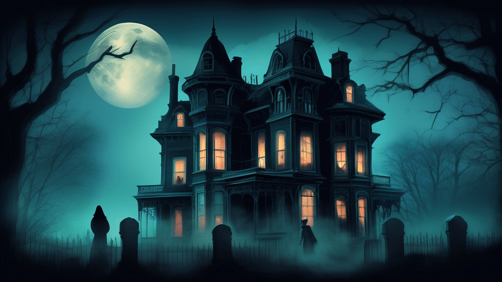 A dimly lit, eerie Victorian house enveloped in mist, with ghostly figures peering from the windows, set against a backdrop of an ominous full moon night, encapsulating the chilling essence of 'The Haunting in Connecticut'.