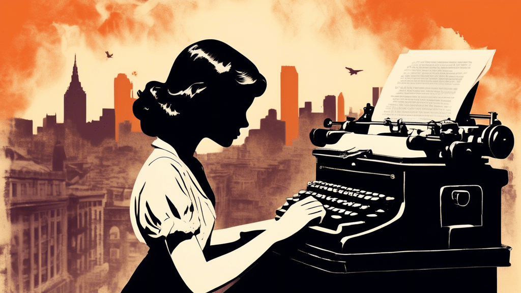A vintage typewriter surrounded by scattered pages, with a ghostly silhouette of a young girl reading in the background, all set against the backdrop of a war-torn city skyline during World War II.