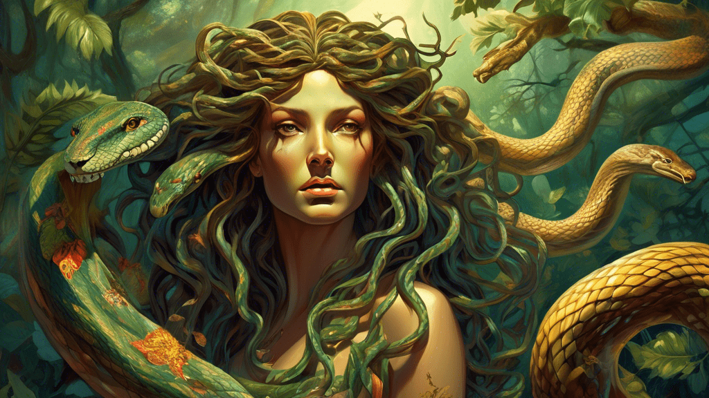 A detailed artwork showcasing a serene and misunderstood Medusa surrounded by flourishing wildlife and nature, with her snake hair gently weaving through the harmony, under a glistening sunlight that emphasizes her sorrowful yet beautiful gaze, revealing her true, non-monstrous essence.