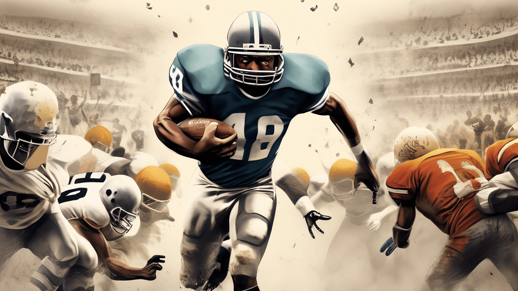 An illustration of an intense moment in a football game with a transparent overlay of text featuring real-life photos and newspaper clippings that depict the true story behind 'Gridiron Gang', blending the worlds of cinematic storytelling and real-life events.