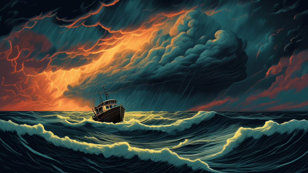 An artistic representation of an ominous, gigantic storm cloud looming over a small fishing boat in a tumultuous sea, capturing the essence of danger and beauty intertwined, with the phrase 'The Perfect Storm' etched into the darkening sky.