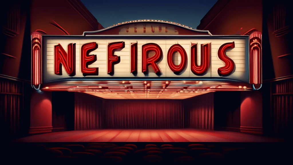 An artistic representation of a vintage movie theater marquee at twilight, illuminating the title 'Nefarious' in bold, retro-style letters, with shadows hinting at mysterious figures lurking in the background.