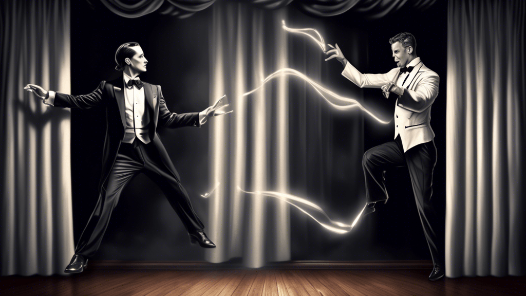 A sophisticated illustration depicting a classic magician in a tuxedo performing tricks on one side of the frame, contrasting with a realistic portrayal of a dancer from Magic Mike showcasing modern dance moves on the other side, divided by a shimmering curtain labeled 'Fact vs. Fiction'.