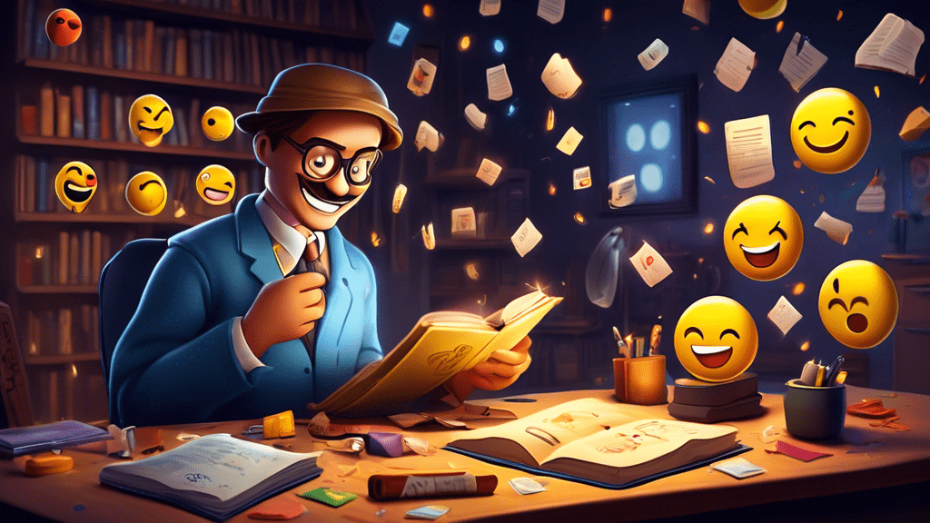 a detective examining clues hidden within various smiling emoji icons scattered around a mysterious, dimly lit room, with an old, dusty book titled 'The Real Story Behind Smile' open on a desk in the foreground