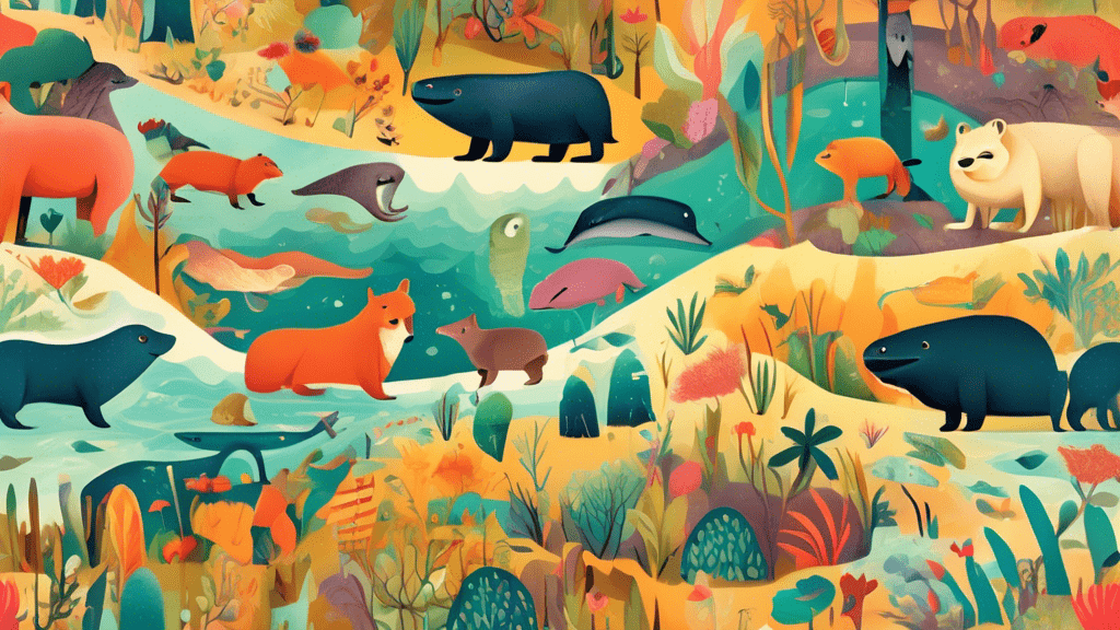 Vibrant illustration of a whimsical landscape filled with various animals that start with the letter 'W', such as wolves, walruses, wombats, whales, and weasels, coexisting in harmony.