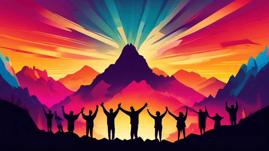 a vibrant sunrise over a serene mountain range, with silhouettes of diverse people standing on the peak, their arms raised in victory and strength, symbolizing triumph and resilience against challenges