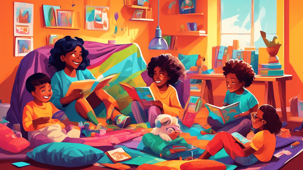 A vibrant, colorful illustration showcasing a group of diverse children engaging in various entertaining indoor activities such as building a fort with blankets, painting on a big canvas, playing board games, doing a science experiment with harmless household items, putting on a puppet show, and reading books inside a cozy pillow fort.
