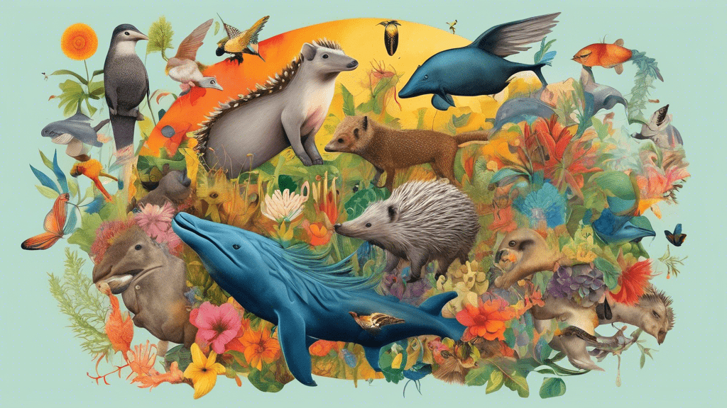 Create an intricate, colorful collage featuring a hedgehog, hummingbird, humpback whale, hyena, hippopotamus, harpy eagle, hammerhead shark, horned viper, honeybee, and a horse, each in their natural habitat, showcasing the diversity of life beginning with the letter H.