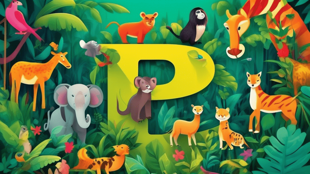Create a vibrant, illustrated scene featuring ten animals whose names start with the letter 'P' gathering around a large letter 'P' in the center of a lush, animated jungle environment.