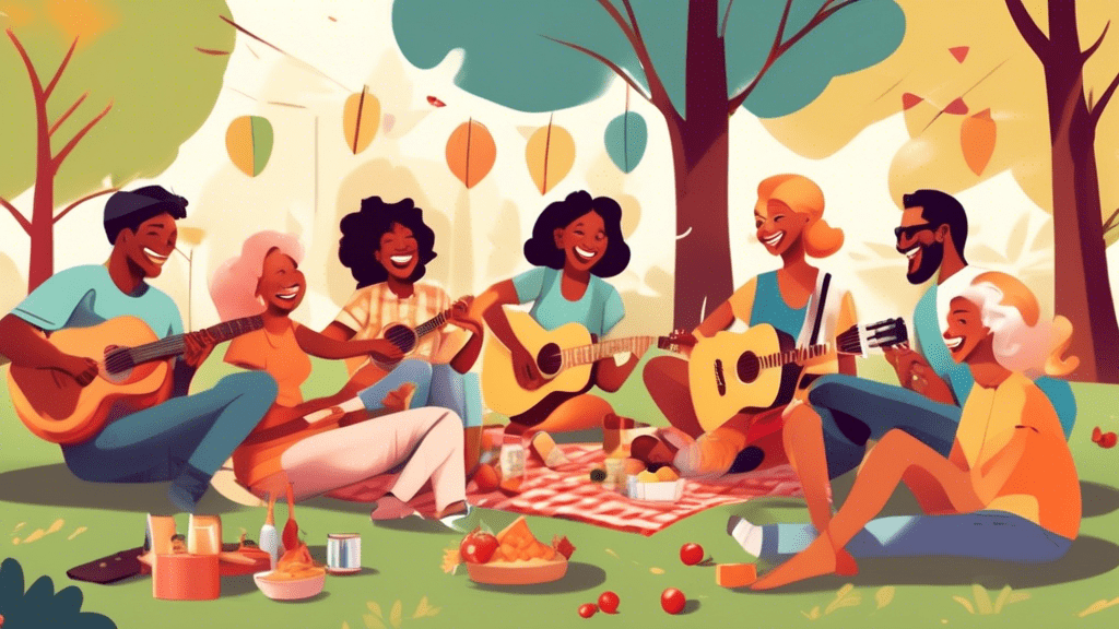 Diverse group of smiling people of different ages and backgrounds having a picnic in a sunny park, engaging in various bonding activities like playing guitar, sharing food, and laughing together.