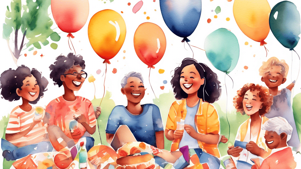 A vibrant watercolor illustration of a diverse group of smiling people of different ages and backgrounds gathered in a park, sharing stories, food, and laughter, with balloons, a picnic blanket, and a Frisbee, under the banner '5 Effective Ways to Make New Friends.'