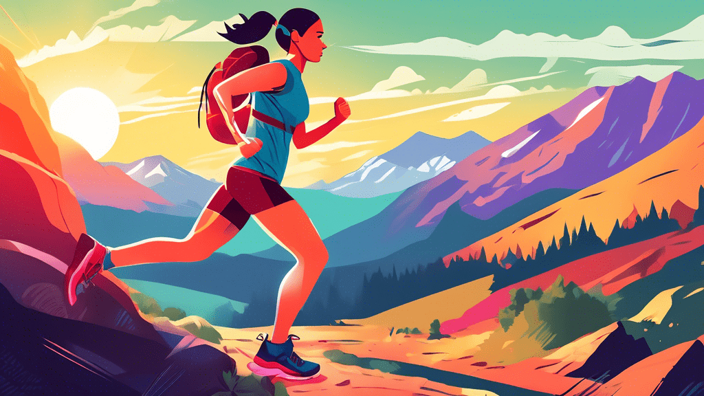 An energetic person lacing up running shoes with determination at sunrise on a scenic mountain trail, surrounded by motivational fitness quotes and infographic-style running tips