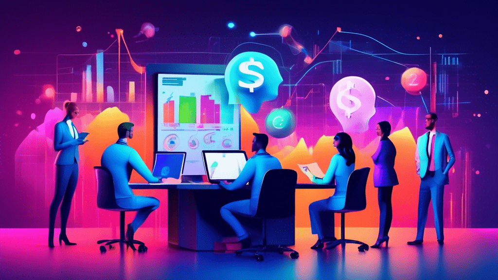 A group of diverse professionals enthusiastically brainstorming around a large, digital financial dashboard displaying graphs, charts, and financial models, with glowing icons of dollar signs, piggy banks, and lightbulbs symbolizing ideas, in a sleek, futuristic office setting.