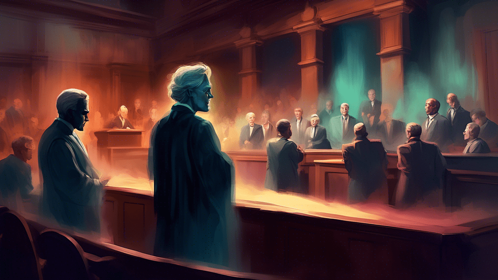 Digital painting of an intense courtroom drama scene with ethereal ghostly figures representing true stories whispering to the main character, all set against the backdrop of a dimly lit, vintage courtroom.