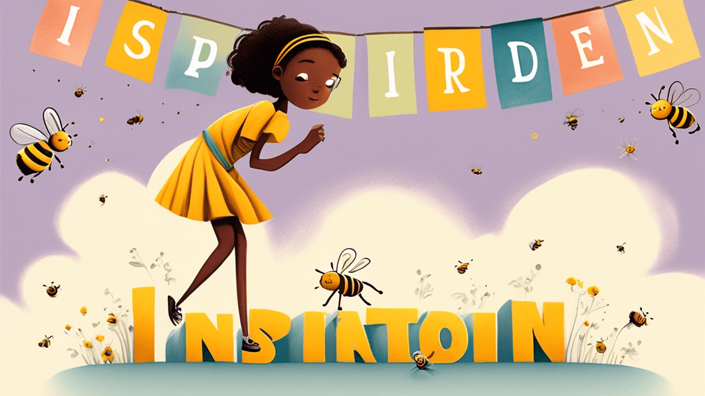An artistic representation of a young, determined girl standing on a stage, spelling words with confidence amidst a bee-themed decor, as graceful bees spell out the word 'INSPIRATION' in the background, under a banner that reads 'Inspired by True Events?'