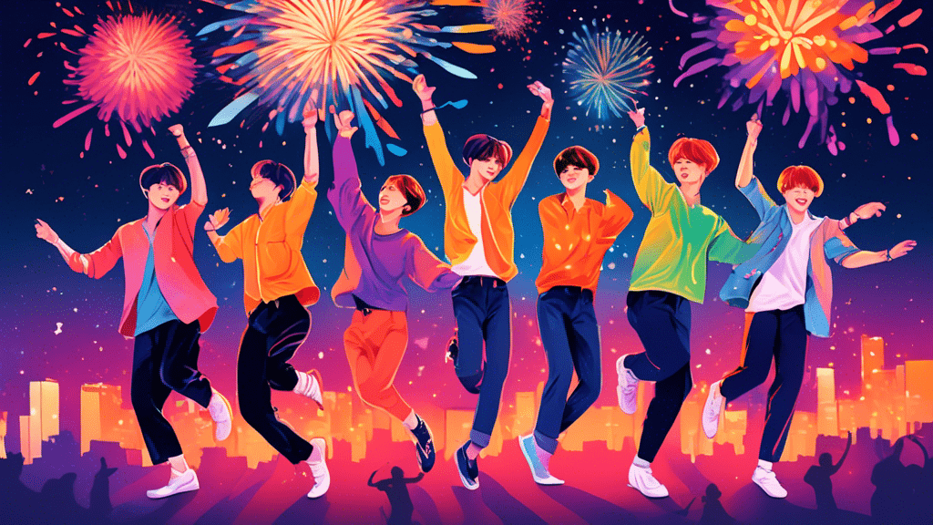 Vibrant illustration of BTS members dancing joyfully together at a colorful Festa celebration, with fireworks spelling out 'BTS Festa' in the night sky above.