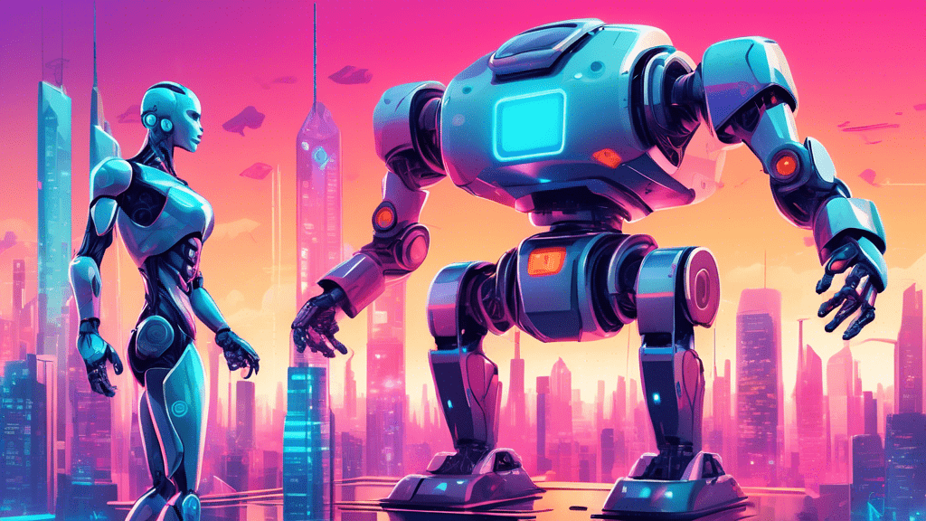 An illustration of a humanoid robot and a human placing equal weights on a giant scale, with symbols of innovation and danger on either side, against a backdrop of a futuristic city skyline.