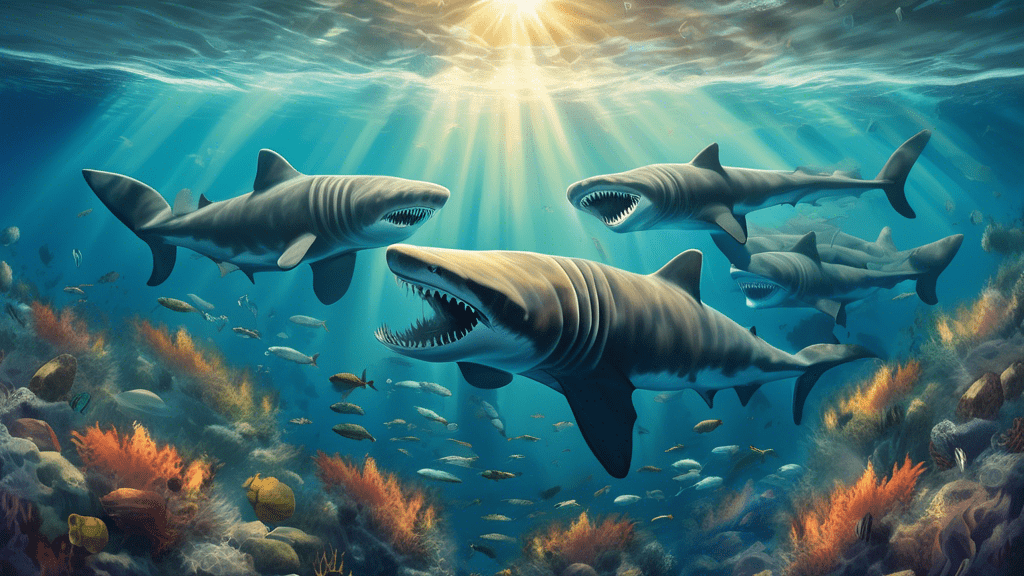 An underwater scene showcasing a group of basking sharks swimming gracefully near the surface of the ocean, with sunlight filtering through the water, highlighting their enormous open mouths filtering plankton, surrounded by a diverse array of marine life in a peaceful and serene setting.