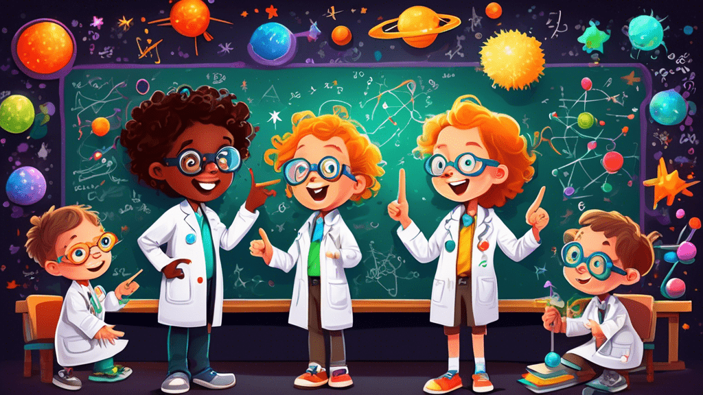 Adorable children wearing lab coats and oversized glasses, surrounded by colorful science experiment setups, pointing at a blackboard filled with simple equations and doodles of stars and atoms, in a whimsical, cartoonish classroom environment.