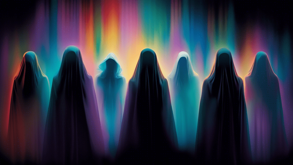 An artistically rendered group of silhouetted people standing before an ethereal, translucent veil, peering through to the observer, with the title 'Can You See Us' floating above in ghostly letters against a mysterious, dark background.