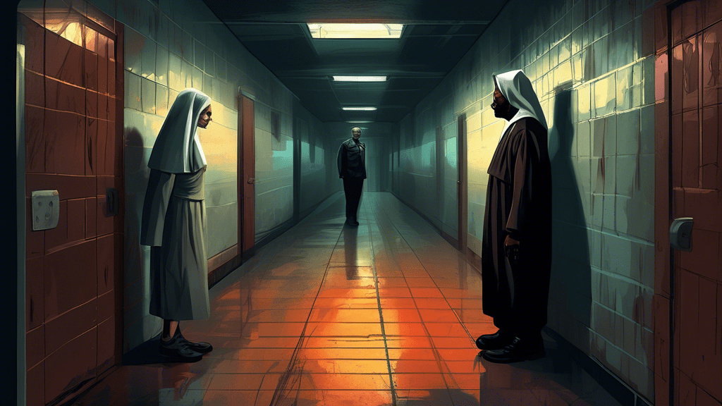 Detailed illustration of a suspenseful scene inspired by the true story behind 'Dead Man Walking', capturing a pivotal moment between a convict and a nun in a dimly lit prison corridor, evoking a sense of redemption and deep human connection.