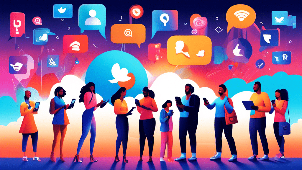 An illustration of diverse people from different walks of life gathered around giant, glowing social media icons, holding smartphones and tablets, engaging and sharing content, with a large banner in the sky that reads 'Boost Your Brand'.