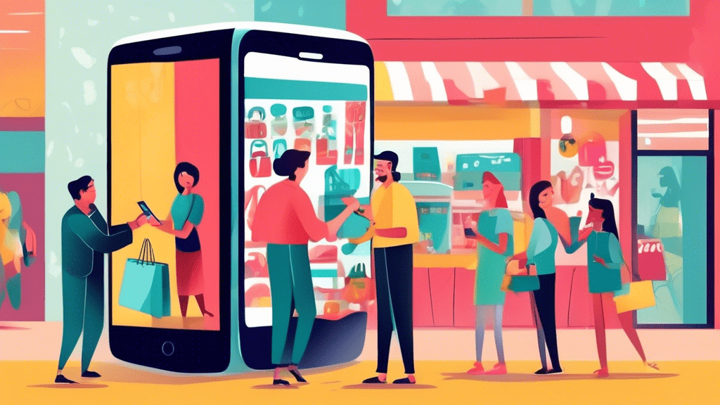 Digital illustration of an enthusiastic shop owner shaking hands with a giant smartphone, while happy customers engage in shopping activities in the background, emphasizing the blend of personal touch and technology in customer engagement.