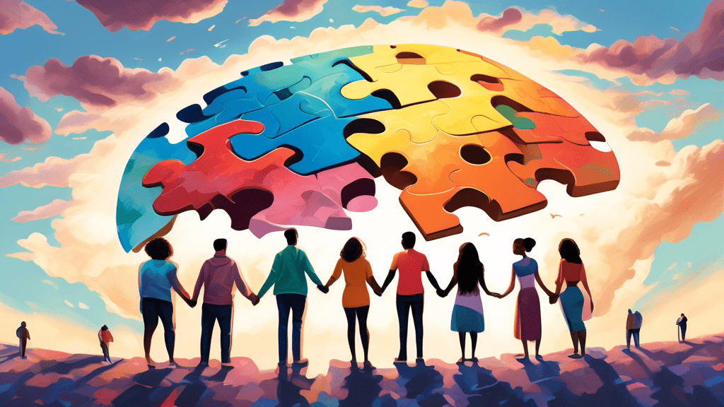 A digital painting of a diverse group of people standing together, holding hands in solidarity on top of a giant jigsaw puzzle piece, with the pieces below them fitting together to form a brain, under a sky transitioning from stormy to clear with the sun shining through, symbolizing hope and unity in breaking the stigma associated with mental health.