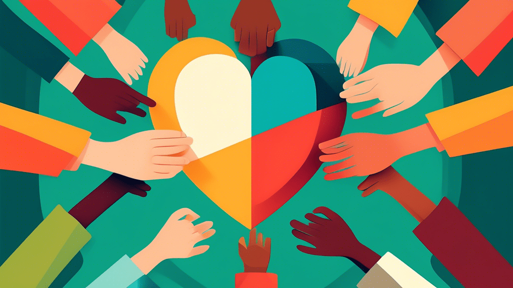 An illustration of diverse hands coming together to place the final piece of a puzzle that forms a shield with a heart in the center, symbolizing building brand trust, set against a background of soft, reassuring colors.