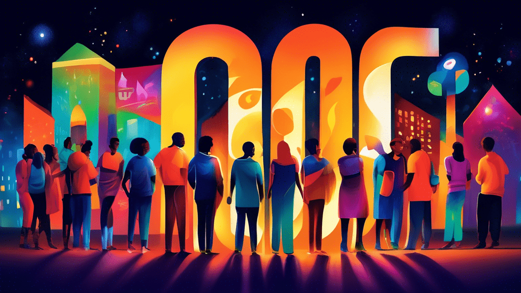 Digital painting of diverse individuals from various demographics gathering around a giant illuminated brand logo at night, showcasing a sense of community and connection.