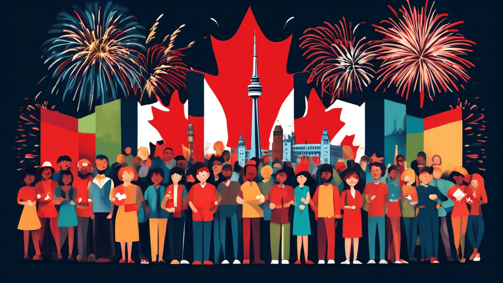 Create an illustration of a diverse group of people from different cultures and backgrounds, all smiling and holding a large Canadian flag together in front of iconic Canadian landmarks such as the CN Tower, the Rocky Mountains, and Parliament Hill, with fireworks in the evening sky symbolizing the celebration of Canada Day.