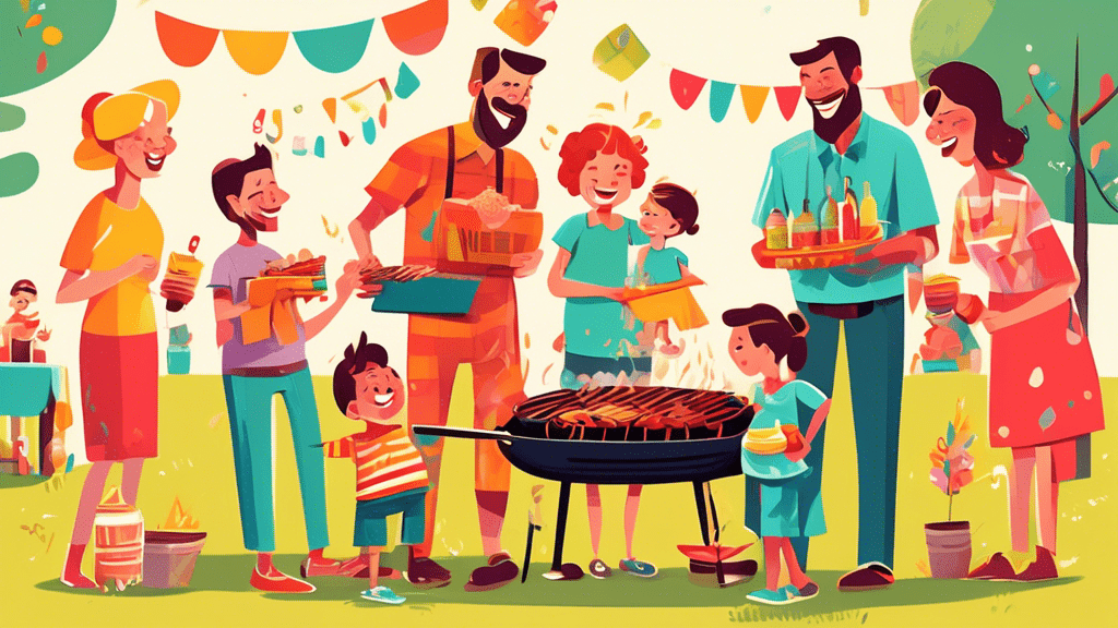 Joyful family gathering around a backyard barbecue on Father's Day, with children presenting handmade gifts to a smiling father, in a colorful, heartwarming illustration style.