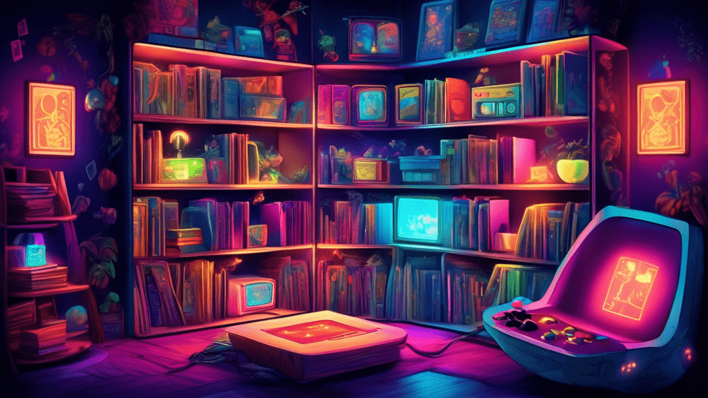 A whimsical bookshelf filled with classic video game cases, glowing with magical light, enticing a curious gamer in a cozy room.