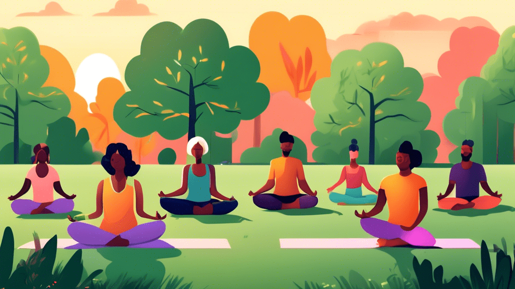 A serene and comforting image of a diverse group of people practicing yoga in a lush, green park at sunset, with calming colors and a sense of community, symbolizing coping strategies for pandemic stress.