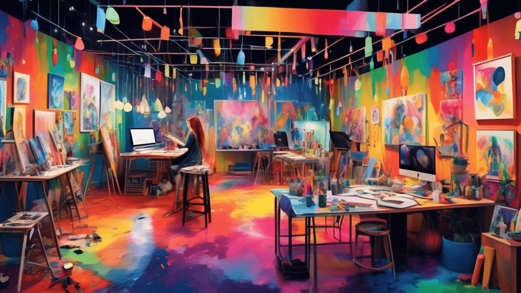 An eclectic, vibrant art studio filled with artists engaging in various innovative forms of self-expression, including painting, digital art, sculpture, and performance art, under a rainbow of hanging lights.