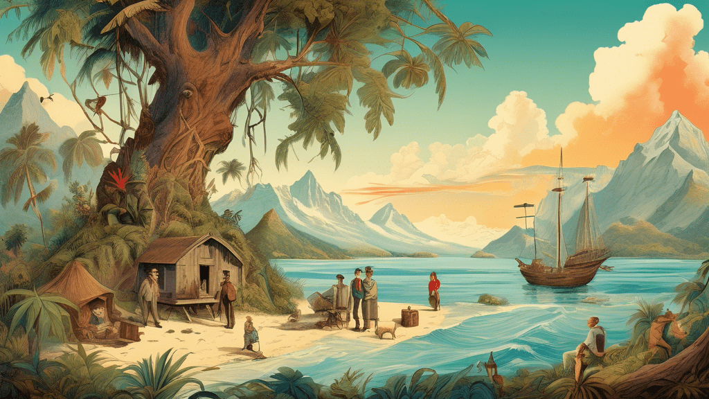 An imaginative illustration of a 19th-century family stranded on a deserted island, with elements depicting the true historical origins and inspirations behind 'The Swiss Family Robinson' novel, including old manuscripts, a portrait of Johann David Wyss, and a backdrop of the Swiss Alps.