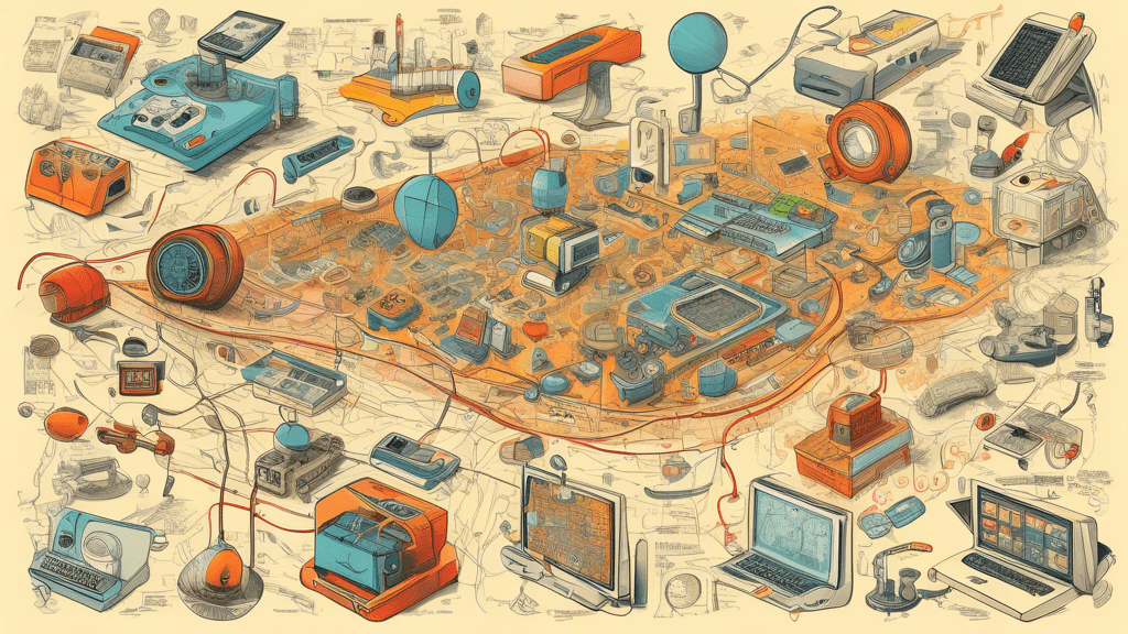 An illustrator drawing an intricate map that charts the evolution of cutting-edge technology gadgets, from the earliest inventions to the latest innovations, showcasing a diverse array of devices along the path.