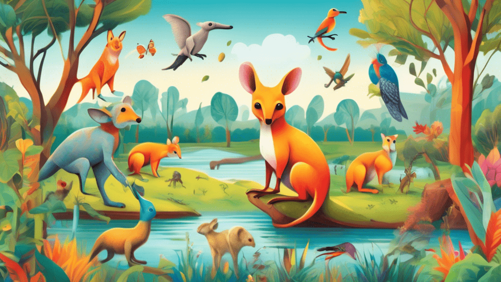 A whimsical encyclopedia page showcasing a variety of colorful, animated animals each starting with the letter K in their natural habitats, including a kangaroo in a grassy field, a koala in a eucalyptus tree, and a kingfisher perched near a river, all under a bright, cheerful sky.