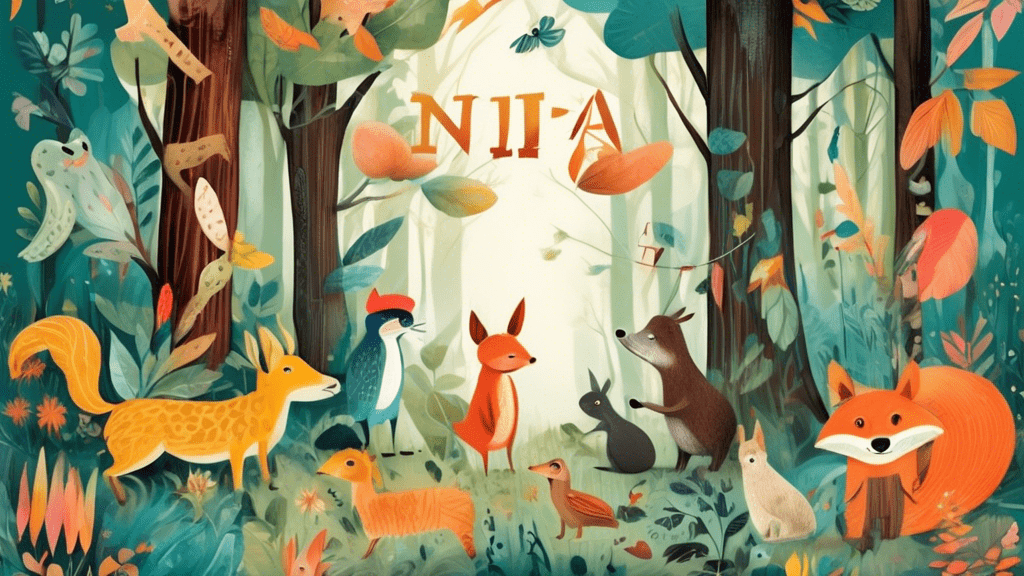 An enchanting forest filled with whimsical illustrations of animals that start with 'N', engaging in a lively alphabetical adventure.