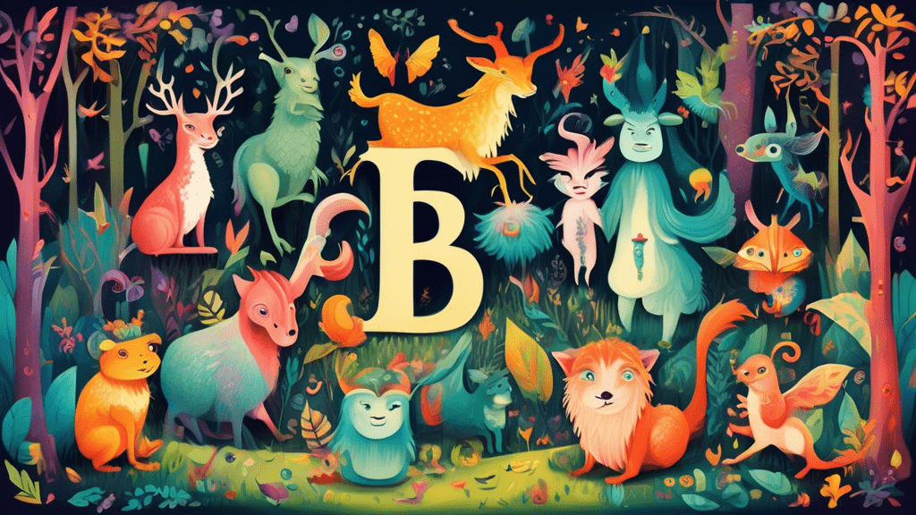 A whimsical illustration showcasing a variety of enchanting, mythical creatures whose names start with the letter 'S', gathered in a magical forest.