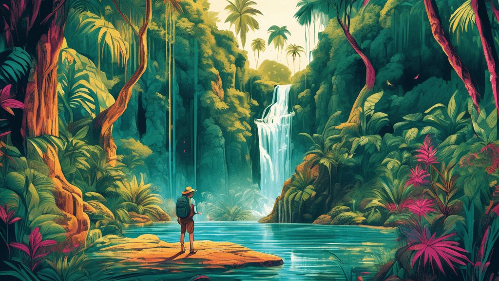 Detailed illustration of a traveler discovering a hidden, enchanting waterfall oasis in a lush, untouched forest, surrounded by exotic wildlife and ancient ruins, capturing the essence of adventure and local experiences.